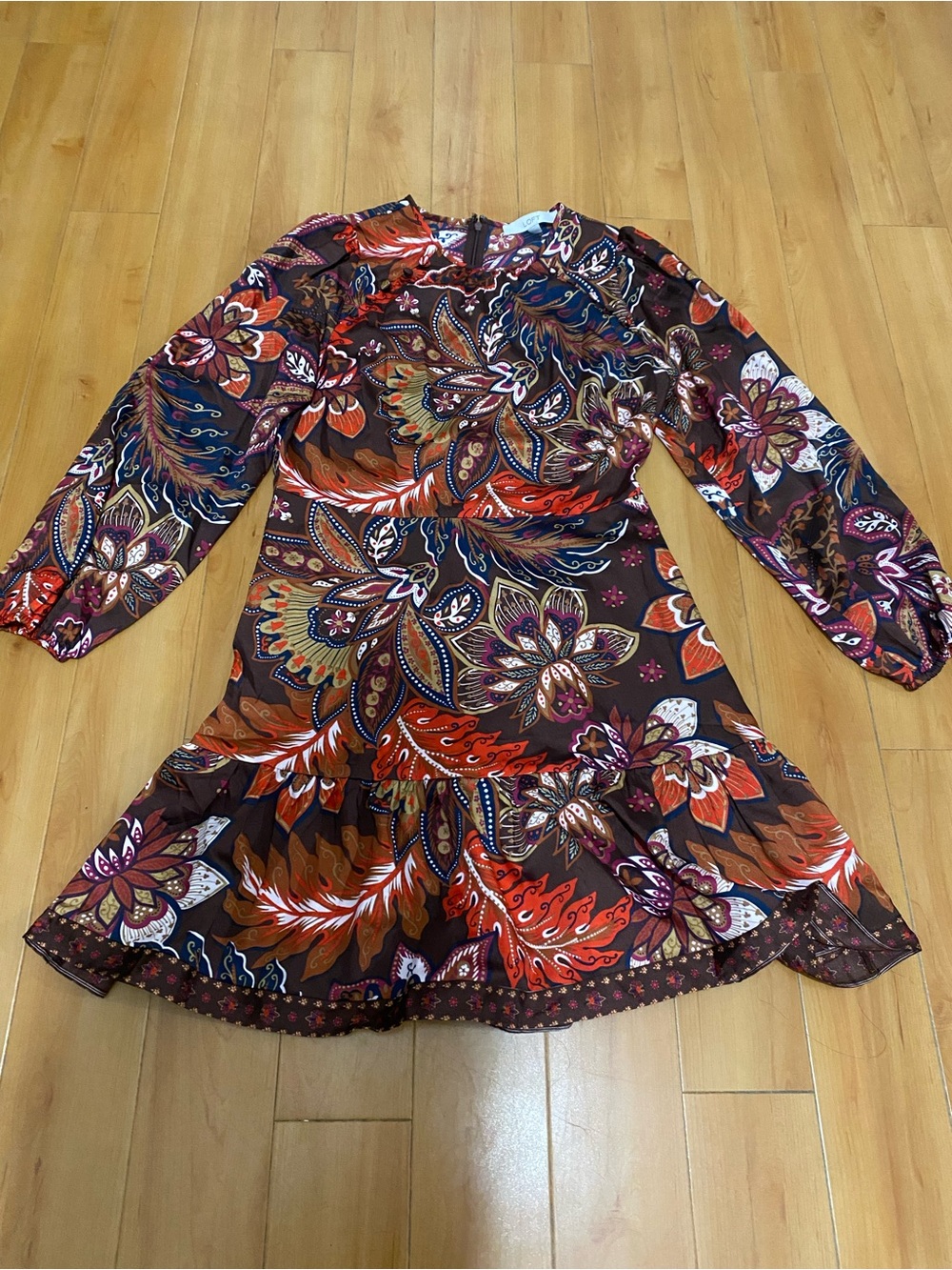 LOFT Brown Floral Paisley Long Sleeve Ruffle Dress